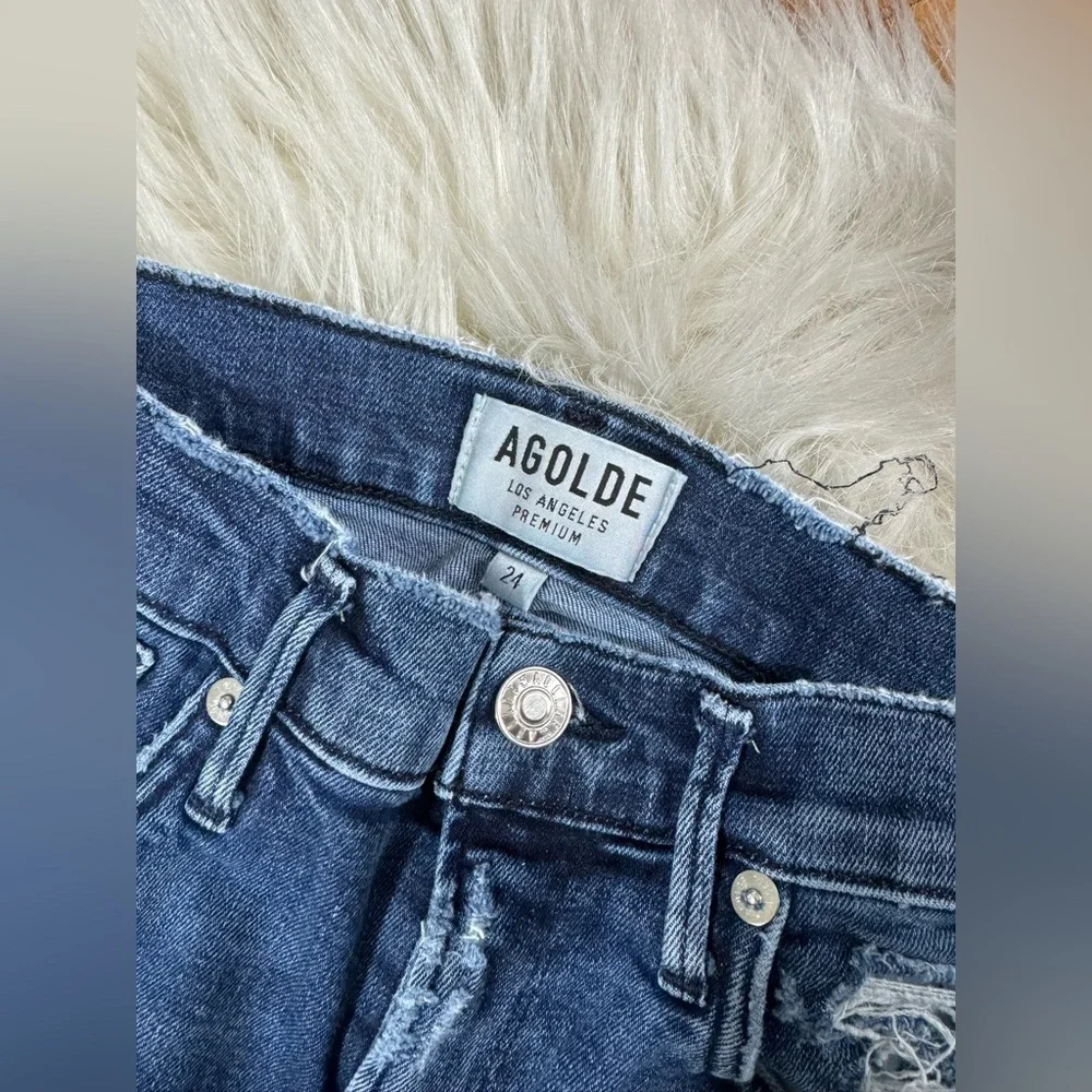 Agolde Sophie Zip Fly High Rise Distressed Frayed Hem Denim Skinny Ankle Jeans